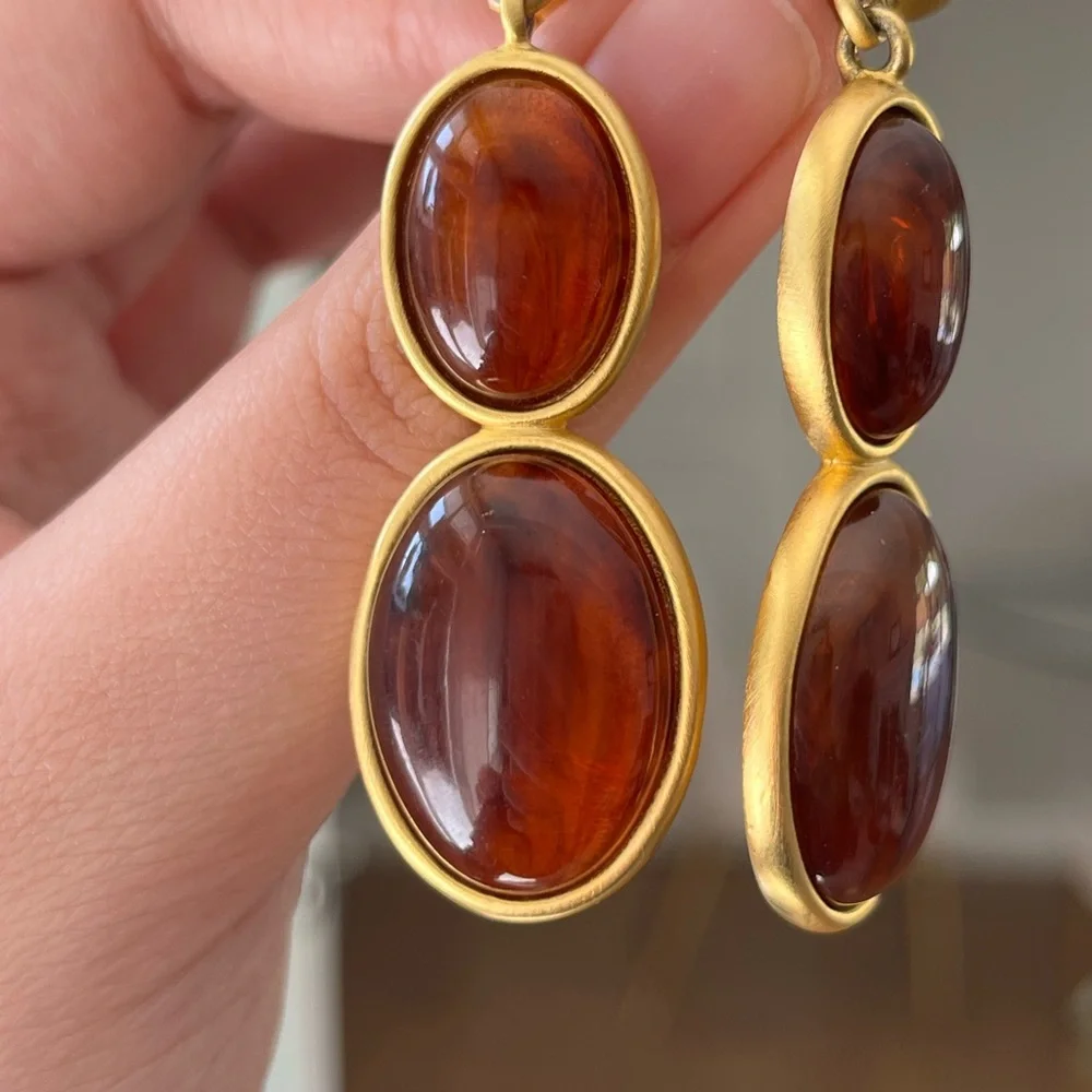 Vintage Givenchy Amber Resin Cabochon Drop Dangle Matte Gold Long Clip Earrings - Picture 3 of 12